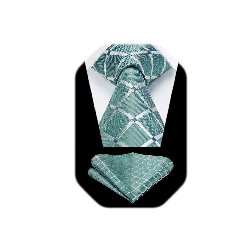 7057 Aqua Mint Green Ties Plaid Tie with Pocket Square Set Satin Tie Set